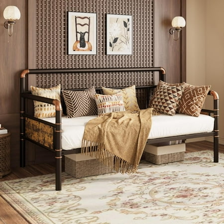 Twin Daybed with Classic Headboard Metal Twin Bed Frame Heavy Duty Steel Slats Support Sofa BedFrame for Living Room Guest RoomNoise Free No Box Spring Needed Brown Twin Daybed with Classic Headboard Metal Twin Bed Frame Heavy Duty Steel Slats Support Sofa BedFrame for Living Room Guest RoomNoise Free No Box Spring Needed Brown