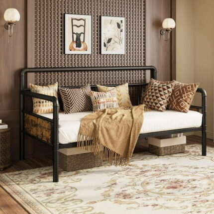 Twin Daybed with Classic Headboard Metal Twin Bed Frame Heavy Duty Steel Slats Support Sofa BedFrame for Living Room Guest RoomNoise Free No Box Spring Needed Black