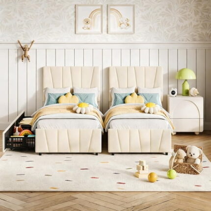 Twin Size Bed Frame with Adjustable Headboard and 2 Storage Drawers Velvet Upholstered Tufted Twin Bed Frames with Wooden Slats Support Bedframe No Box Spring Needed 2 Set Beige/Cream