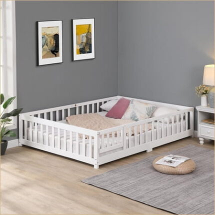 Twin Size Solid Pine Wood Platform Bed Frame with Guardrails & Door Low-Profile White Bedframe