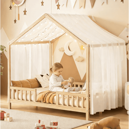 URTR Full Size Montessori Floor House Bed Frame with High Rails & Roof Canopy Wooden Low Full Floor Bedframe for Bedroom No Box Spring Needed Natural