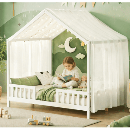 URTR Full Size Montessori Floor House Bed Frame with High Rails & Roof Canopy Wooden Low Full Floor Bedframe for Bedroom No Box Spring Needed White
