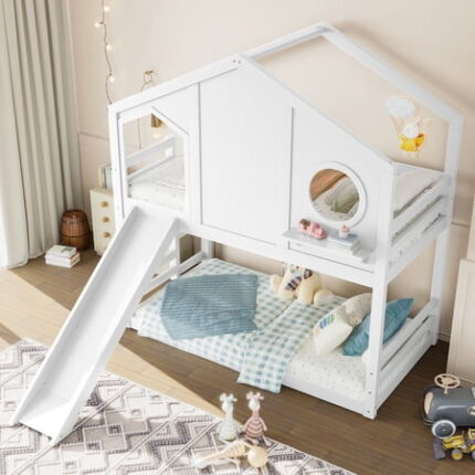 URTR Twin Size House Bunk Bed with Slide Storage Shelves & Window Solid Wood Twin House-Shaped Bunk Bedframe for Bedroom Playful Design Bed Frame White