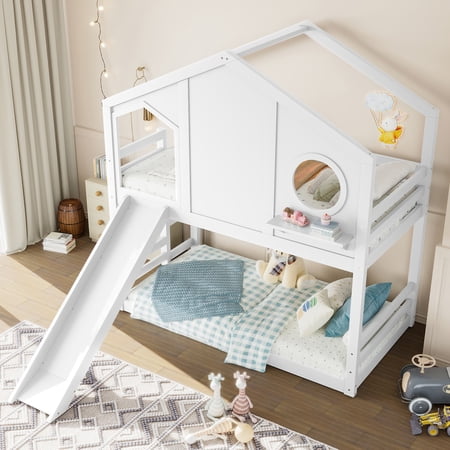 URTR Twin Size House Bunk Bed with Slide Storage Shelves & Window Solid Wood Twin House-Shaped Bunk Bedframe for Bedroom Playful Design Bed Frame White URTR Twin Size House Bunk Bed with Slide Storage Shelves & Window Solid Wood Twin House-Shaped Bunk Bedframe for Bedroom Playful Design Bed Frame White
