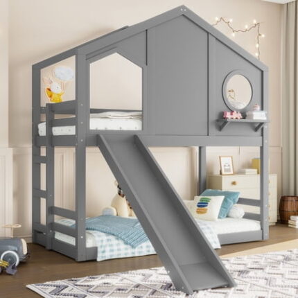 URTR Twin Size House Bunk Bed with Slide Storage Shelves & Window Solid Wood Twin House-Shaped Bunk Bedframe for Bedroom Playful Design Bed Frame Gray