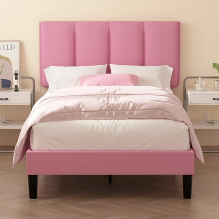 VECELO Twin Bed Frame with Upholstered Headboard Heavy-Duty Platform Bedframe with Strong Wooden Slats Support No Boxing Spring Needed Pink VECELO Twin Bed Frame with Upholstered Headboard Heavy-Duty Platform Bedframe with Strong Wooden Slats Support No Boxing Spring Needed Pink