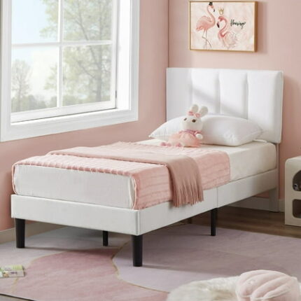 VECELO Twin Bed Frame with Upholstered Headboard Heavy-Duty Platform Bedframe with Strong Wooden Slats Support No Boxing Spring Needed White