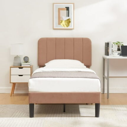 VECELO Twin Size Bed Frame with Upholstered Headboard Velvet Platform Bedframe Mattress Foundation Strong Wood Slat Support No Box Spring Needed Velvet Coffee