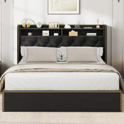 Velvet Bed Frame with 4 Storage Drawers Upholstered Platform with Tufted Headboard and Nailhead Trim Design Black No Box Spring Needed Wooden Slats Bedframe